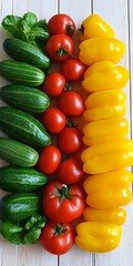 Wall Mural - Fresh veggies Cucumbers, tomatoes, peppers. Wooden background. Healthy food