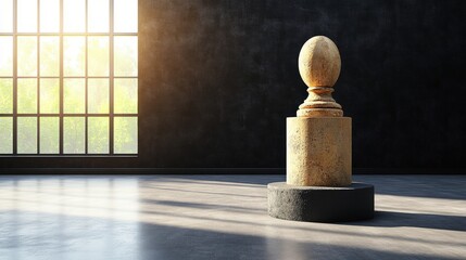 Poster - Large stone object placed on a gray concrete floor in an indoor setting with natural lighting