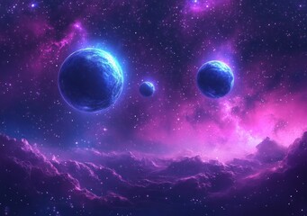 vibrant cosmic scene with planets nebula and stars in blue and purple