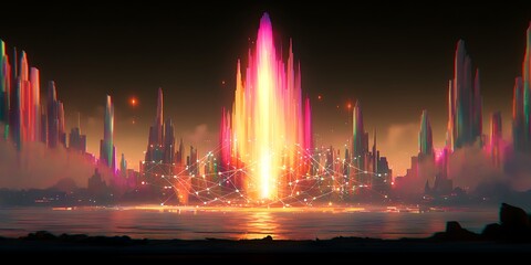 Canvas Print - Futuristic city glowing at night, energy beam, digital art