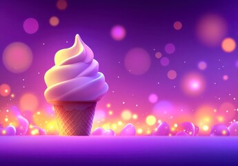 Canvas Print - Soft serve ice cream cone on purple background with bokeh lights. Sweet dessert in vibrant colors, delicious treat