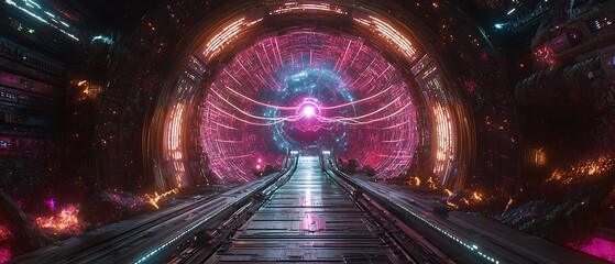 Wall Mural - Futuristic tunnel portal, vibrant glow, spaceship background, sci-fi game