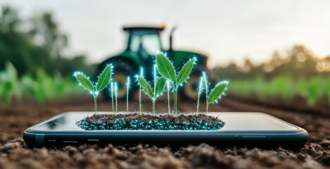 Poster - A smartphone displays digital plants growing on its screen, symbolizing the integration of technology in farming.