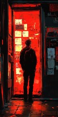 Poster - Mysterious encounter urban street digital art vibrant environment back view isolation and intrigue