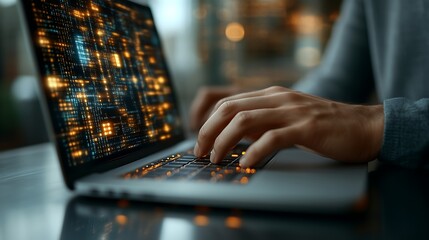 Hands typing code on a glowing laptop screen