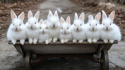 eight white rabbits sitting in a wooden cart