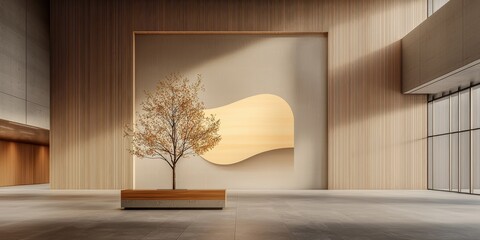 Poster - Contemporary tree installation modern gallery art display minimalist space elevated perspective nature integration
