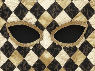 Wall Mural - Close up of a gold and black masquerade mask on a harlequin patterned background. The mask has almond shaped eyeholes and glittery texture. The