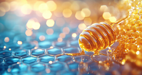 Poster - Fresh organic honey drips from a wooden dipper, glistening over hexagonal honeycomb cells. The warm light highlights the rich golden color and smooth texture, creating an inviting atmosphere.