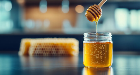 Aufkleber - A wooden dipper pulls golden organic honey from a jar, showcasing its thick, smooth texture. Behind it, a honeycomb structure rests, adding to the rustic charm of the setting.
