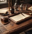 © Chanchai - Vintage writing desk with quill pen and inkwell, classic, top view