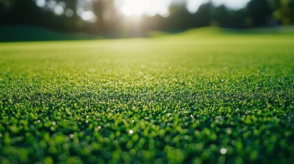 Poster - Morning sunlight casts a golden hue across vibrant green grass blades, creating a peaceful atmosphere in a sunny golf course during summer. Nature thrives in this idyllic setting