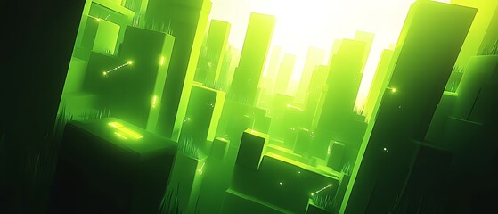 Wall Mural - Green futuristic city skyline, glowing, abstract background, digital art