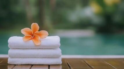 Aufkleber - Pristine white towels stacked beside swimming pool, adorned with frangipani flower, evoking luxurious resort atmosphere in soft slow motion