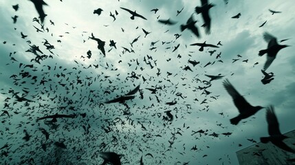 Poster - Countless birds take to the air in a dramatic formation, creating a dark cloud against a muted sky. This mesmerizing spectacle unfolds at twilight, highlighting nature's raw beauty