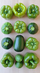 Wall Mural - Green peppers and zucchini harvest on wood