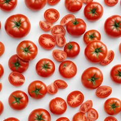 Wall Mural - White background with a ripe tomato on the center, colorful, background