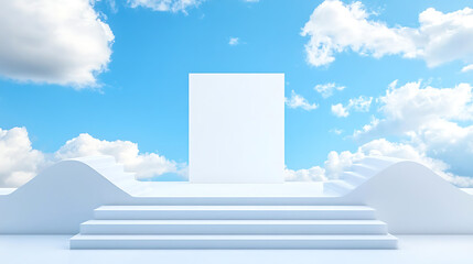 Wall Mural - Front view of white podium and stairway with blank space in blue cloudy sky background abstract content