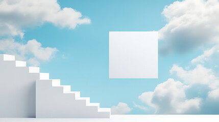 Wall Mural - Front view of white podium and stairway with blank space in blue cloudy sky background abstract content