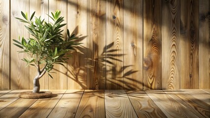 Serene miniature tree on wooden floor with sunlight shadows