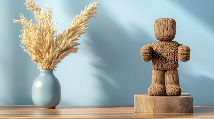 Poster - Vase with green plant and wooden figurine on a table in bright natural light
