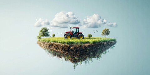Aufkleber - A smart tractor operates on a floating farm surrounded by green fields and scattered trees. The scene is enhanced by fluffy clouds and birds, creating a serene agricultural landscape.