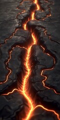 Poster - Lava flow fissure, dark rock, fiery background