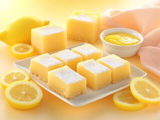 Wall Mural - Lemon bars dessert studio shot, sweet treat,  powdered sugar, yellow background