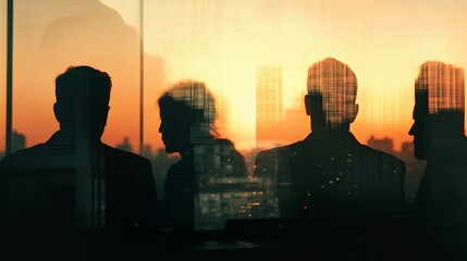 Poster - Four business people silhouettes are watching a beautiful orange sunset over the city skyline from their office window, reflecting the urban landscape on the glass