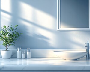 Poster - Modern bathroom sink, sunlight, plant, marble