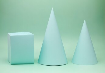 Fototapete - light blue cube and two cones on a pale green background. simple geometric shapes, minimalist aesthe