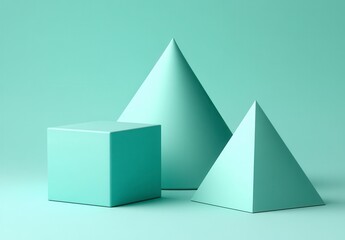 Fototapete - pastel green geometric shapes cube cone pyramid on light green background simple minimalist 3d rende