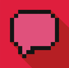 Poster - Pink pixel art speech bubble casting long shadow over red background, representing digital communication and retro aesthetics