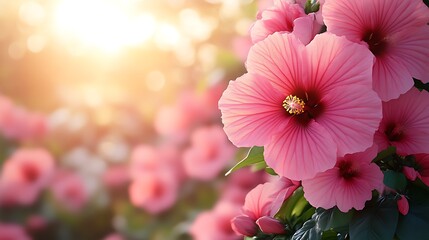 Wall Mural - Pink Hibiscus Flowers Blooming In Sunlight