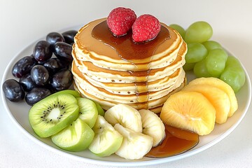 Wall Mural - Pancakes, fruit, syrup, breakfast, plate, kitchen, food photography, recipe