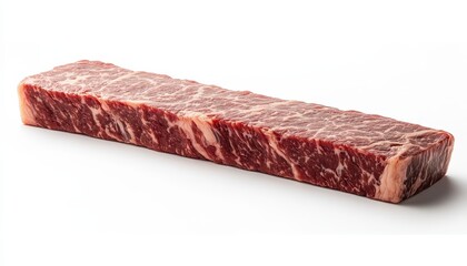 Wall Mural - Close up view of a long, rectangular cut of uncooked beef steak on a white surface. The steak shows rich marbling and is a deep red color