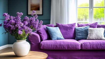 Aufkleber - Vibrant lilac flowers brighten a cozy living room adorned with a chic purple couch and soft cushions, creating an inviting atmosphere for relaxation and inspiration