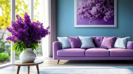 Aufkleber - Bright and Inviting Living Room with Purple Lilacs and Cozy Furniture Displaying Artful Serenity
