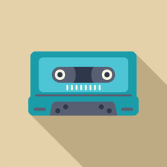 Poster - Turquoise audio cassette tape playing music with long shadow on beige background, representing nostalgia and vintage technology