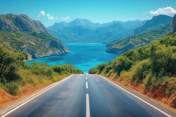 Wall Mural - Empty asphalt road stretching toward a stunning bay featuring turquoise waters, framed by majestic mountains under a bright summer sky, creating a serene and picturesque landscape