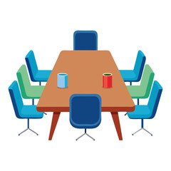 Poster - A well-designed meeting table is surrounded by colorful chairs, ready for a productive discussion. The space is bright and inviting, making it ideal for teamwork and brainstorming sessions