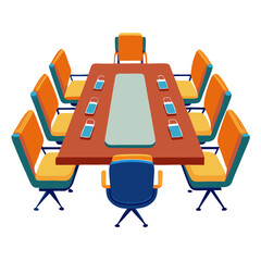 Poster - A meeting table is surrounded by vibrant chairs in a contemporary design, ready for a collaborative session. The table features a central divider, indicating an organized space for discussions