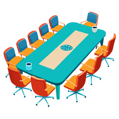 Poster - A spacious meeting table is arranged for a group discussion, featuring colorful chairs and coffee cups. This setup is ideal for productive collaboration and brainstorming sessions