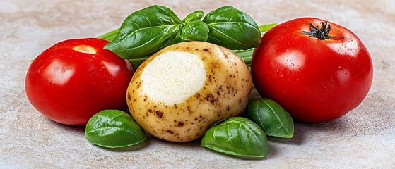 Wall Mural - Potato, tomatoes, basil on table, food recipe