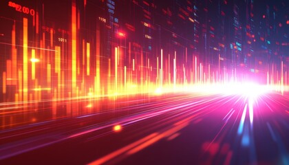 Poster - Financial Stock Market Data Analysis, Line Chart with Upward Spikes, City Lights Background