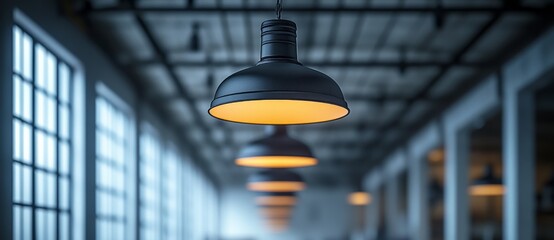 Poster - Industrial black round lamps illuminate the spacious interior of a modern white building, creating a warm ambiance amidst the urban design