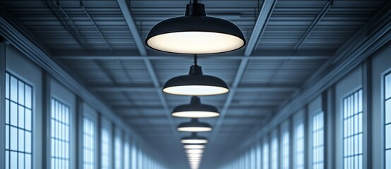 Poster - Industrial elegance is captured in black round lamps illuminating the spacious interior of a contemporary white building, creating a captivating atmosphere