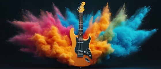 Poster - Guitar with colorful powder explosion creating vibrant artistic effects in a dynamic composition