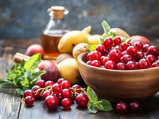 Wall Mural - Red currants bowl, fruit harvest, wooden table, autumn