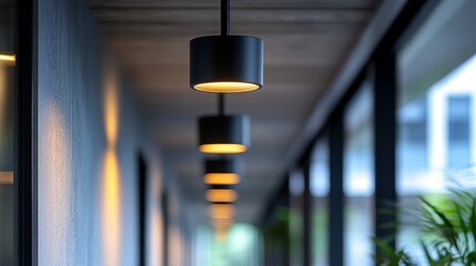 Poster - Illuminated corridor featuring sleek black track spotlights creating a modern ambiance with soft lighting in a contemporary setting